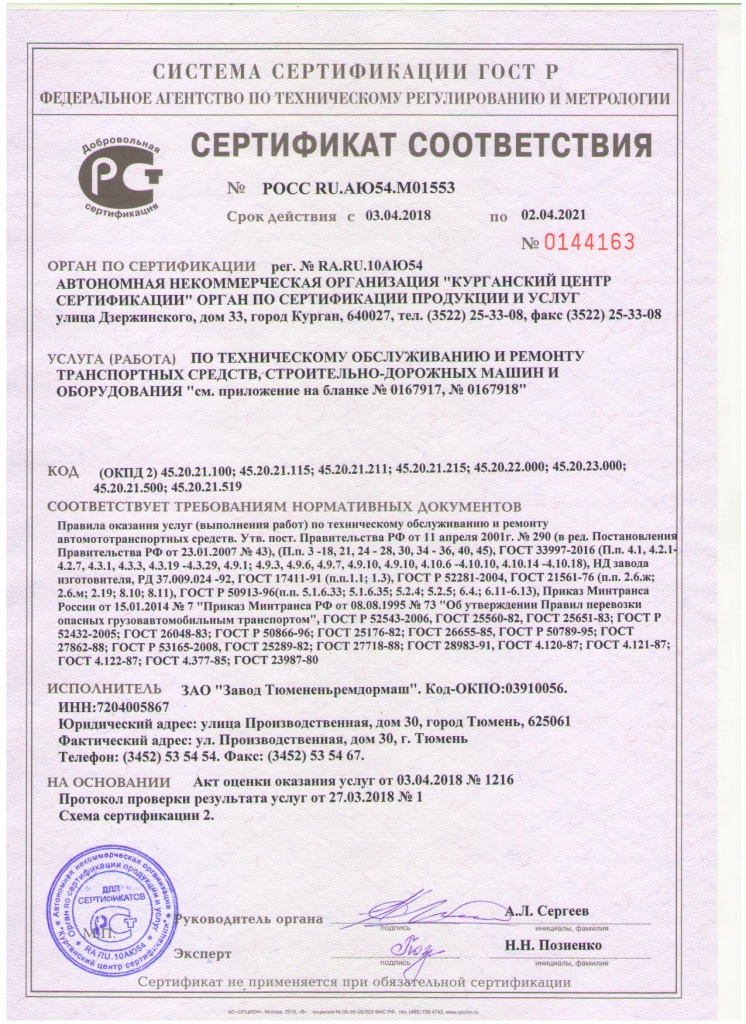 Сертификат соответствия навесного оборудования